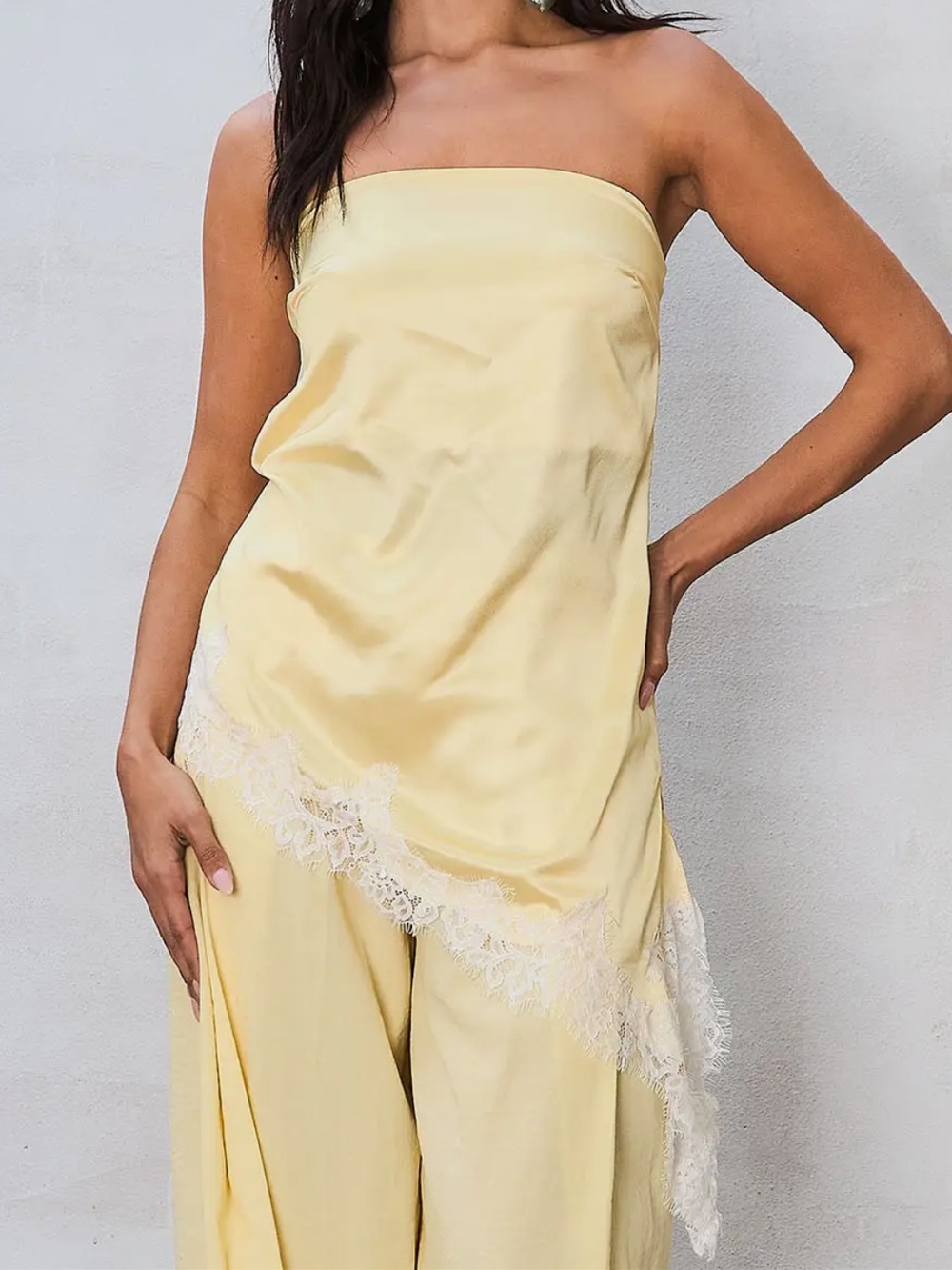 Strapless Satin Slip Dress with Lace Trim - Pale Yellow